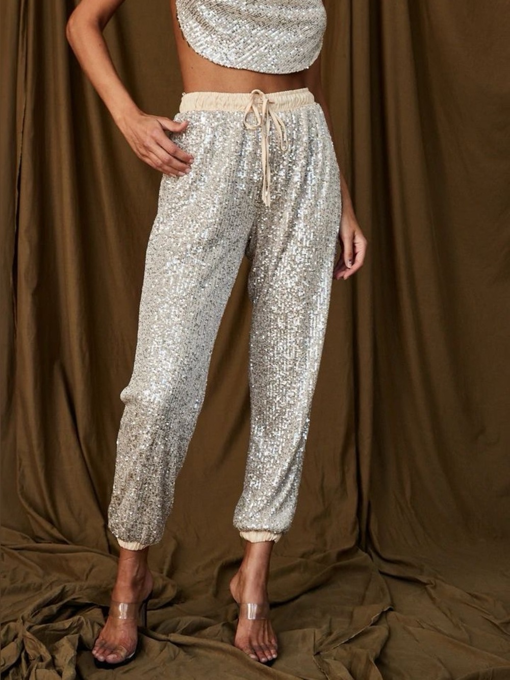 🆕 12th Tribe | Dusk Till Dawn Cream Sequin Joggers Relaxed Pants